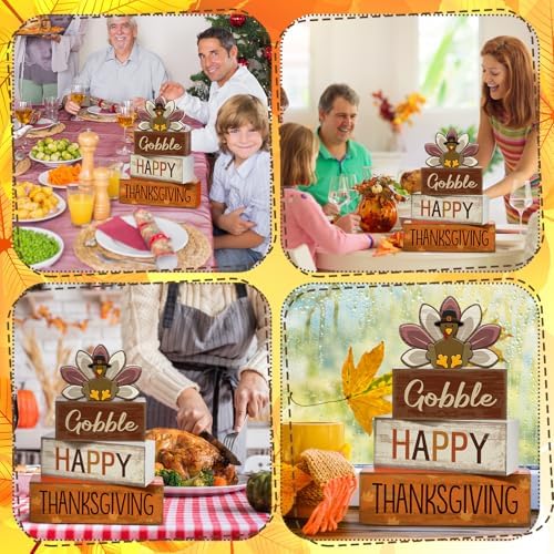 Lineshading 4 Pcs Thanksgiving Table Decoration, Turkey Wooden Block Signs