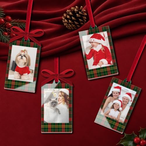 UNIQOOO 8 Set Christmas Acrylic Instax Red Green Plaid Photo Ornaments for Display Picture, 8.6 * 5.4cm Acrylic Hanging Photo Frame, Double-Sided Picture Frames for Home, Party, Tree Decorations