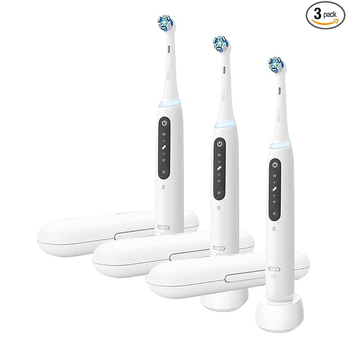 Oral-B Rechargeable Electric Toothbrush, iO5 Limited Deep Clean & Whiten, 5 Cleaning Modes, Visual Pressure Sensor to Protect Gums, Travel Case, 3 Brush Heads, White (Pack of 3)