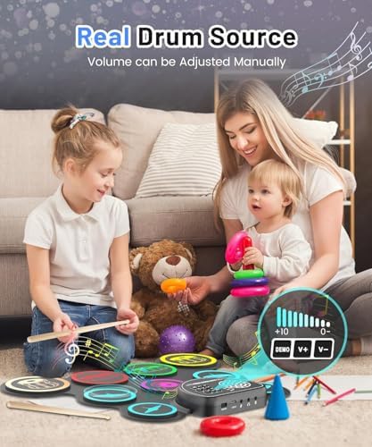 Sboet Electronic Drum Set, 9-Drum Practice Pad with Headphone Jack, Roll-up Drum Kit Machine with Built-in Speaker Drum Pedals and Sticks 10 Hours Playtime, Great Christmas Holiday Gifts for Kids