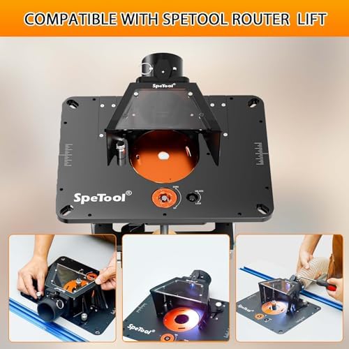 SpeTool Router Table Dust Collection for Router Lift, 2-1/2 Inch OD Port, Clear Acrylic Top with LED Light, DIY Drill Template for Universal Fit (Compatible with Most Router Lifts & Plates)