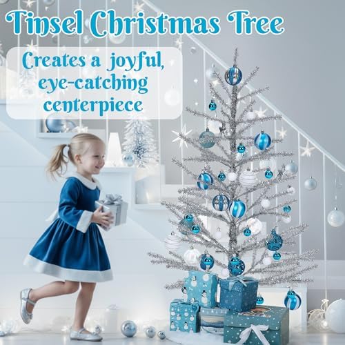 3ft Silver Tinsel Christmas Tree, Retro Aluminum Christmas Tree