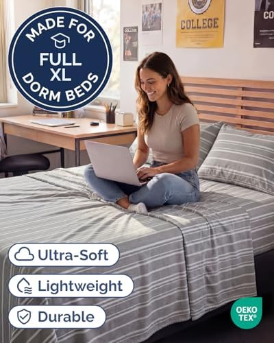 Full XL Sheets - 4 Piece Full XL Sheet Set - Soft & Cooling - Grey Stripes