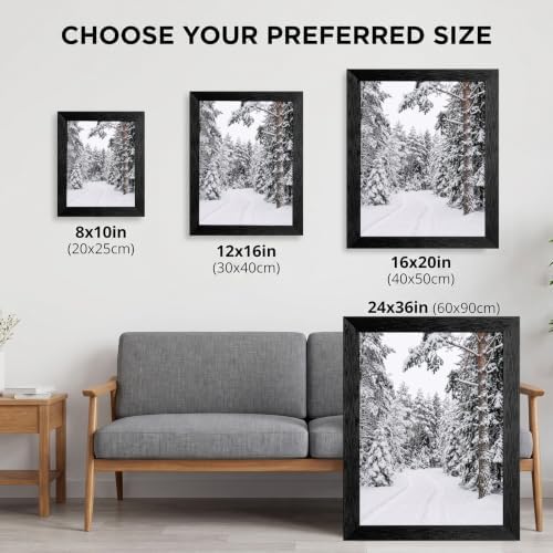 Framed Snowy Pine Path Canvas Wall Art, Winter Art, Black Frame Inch 24x36