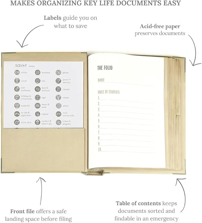 The Folio® Important Document Organizer by Savor | Binder with Guided Labels, Acid-Free File Folder Organizer with 10 Pockets, Document Holder for Home Records, Legal and Medical Papers (Slate)