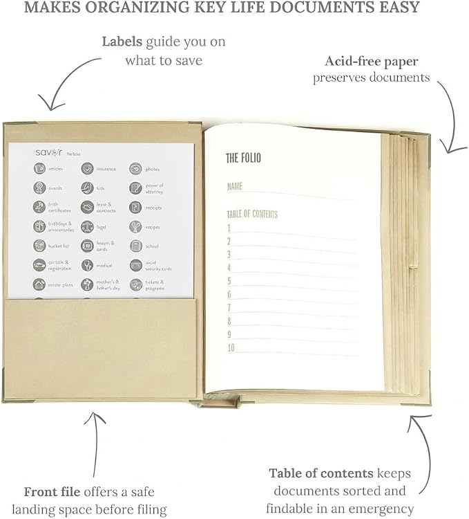 The Folio® If I Die Binder Organizer with Labels by Savor | Acid-Free Important Document Organizer with 10 Pockets, Document Holder for Birth Certificate, Wills, and Investment Plans (Slate)