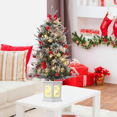 3FT Pre-Lit Artificial Mini Christmas Tree, Small Flocked Christmas Trees