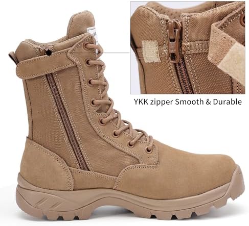 Men's Military Tactical Work Boots with Side Zipper, Puncture Resistant, Desert Combat, Army Jungle, 8 Inch Lightweight Hiking Boots
