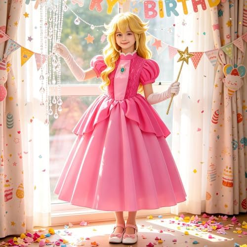 Kids Princess Costume Girls Pink Halloween Princess Dress with Accessories