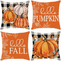 Fall Decor for Home,Fall Pillow Covers 20x20 Set of 4 Rustic Indoor Outdoor Decorations Orange Plaid Throw Pillow Covers,Hello Pumpkin Linen Autumn Cushion Case for Sofa Couch Chair Bedroom