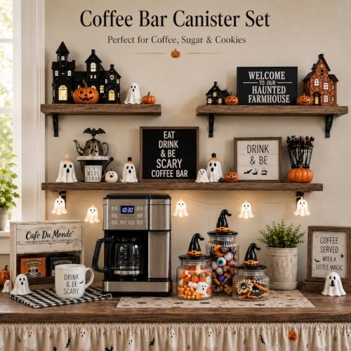 Mimorou 3 Set Halloween Glass Jar with Witchy Hat Lid Halloween Clear Candy Jar Food Storage Canister with Airtight Ceramic Lid for Fall Autumn Party Tea Cookie Table Decoration