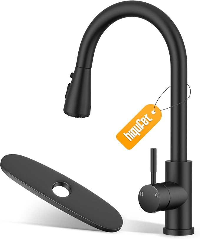 Hiqufet Kitchen Faucet, Pull Down Sprayer, Deck Plate, Matte Black | Easy Install, 360 Swivel, 3 Spray Modes, High Arc Spout, Fits 1- or 3-Hole Sinks, SUS304 Stainless Steel