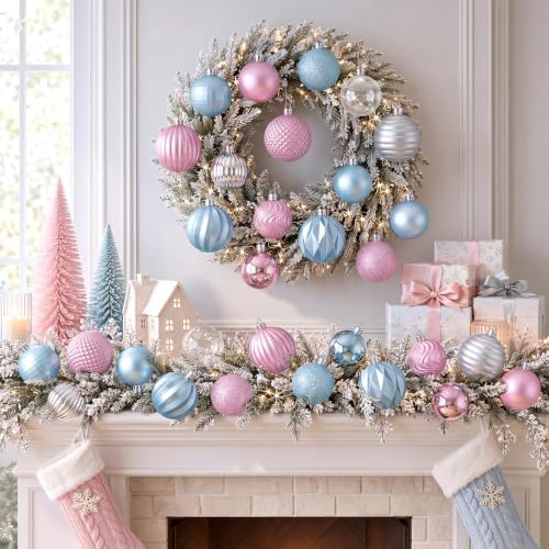 Lunmon 64 Pcs Pastel Christmas Ball Ornaments for Tree Pink Blue White Silver Xmas Bulbs Ornaments 1.6/1.97/2.4 Inch Macaron Candyland Baubles Shatterproof Christmas Decorations for Tree Home Wreath