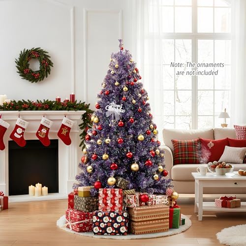 HAPPYGRILL 6 FT Pre-lit Tinsel Christmas Tree Artificial Xmas Tree with 250 LED Lights, 8 Modes, 688 Deep Purple Branch Tips, Folding Metal Stand, Seasonal Holiday Tree for Home Office Party