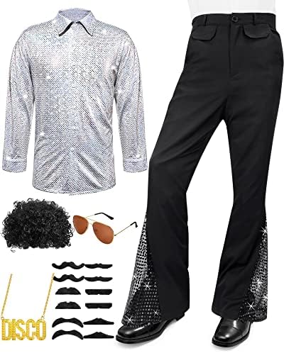 Mepase 6 Pcs Men 70s Disco Outfit Bell Bottom Pants Wig