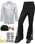 Mepase 6 Pcs Men 70s Disco Outfit Bell Bottom Pants Wig