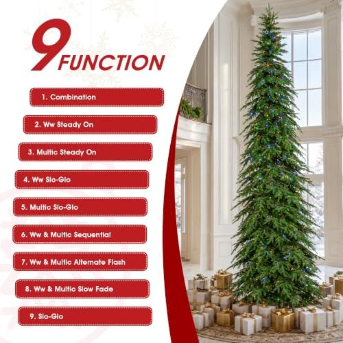 Glitzhome 15ft Prelit Artificial Christmas Tree, Slim Pencil Christmas Tree Chicago Evergreen Spruce with 1,500 Warm White & Multi-Color LED Lights, Hinged Xmas Tree Easy Setup for Holiday Decor