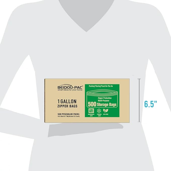 BEIDOU-PAC Gallon Food Storage Freezer Bags, 500 Count | Double Zipper | 10.5" * 10.7", Freshness Easy Open Reclosable Clear Plastic Bags