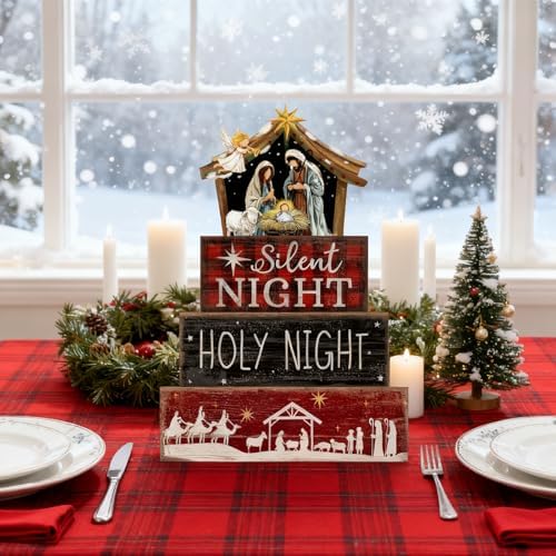 Moucuny 4 Pcs Christmas Table Decor, Wooden Nativity Scene Holy Night Signs