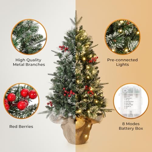 GarveeHome 3 ft Pre-Lit Artificial Mini Christmas Tree, Table Top Christmas Tree with 85 Warm White Led Lights, Cloth Bag Base, Battery Operated Outdoor Xmas Decor for Tabletop or Desk,1 Pack