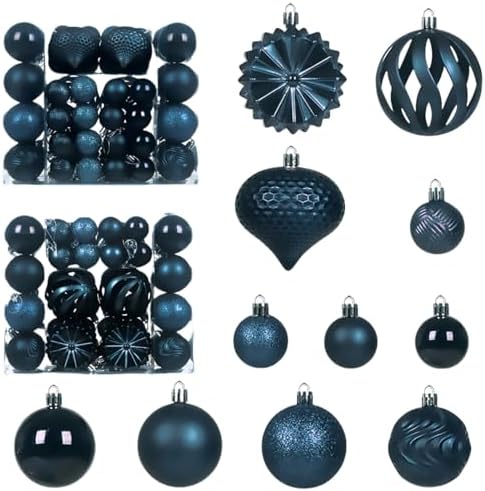 Christmas Tree Balls Ornaments Set, 48 Pcs Shatterproof Plastic Decorative Baubles Shiny Hanging Ball Ornaments for Xmas Tree Holiday Party Wedding Decoration, Dark Blue