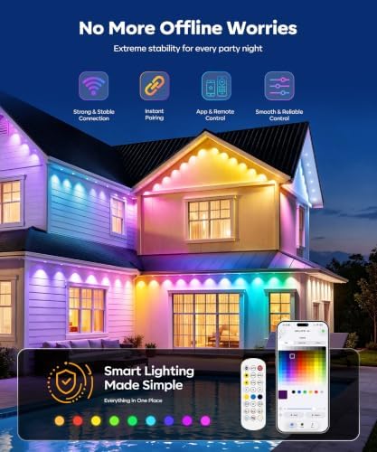 Permanent Outdoor Lights, 50ft RGBWW Smart LED Eaves Lights with Warm/Cool White, Local Bluetooth App Control IP67 Waterproof Architectural House Exterior Lighting for Daily Accent