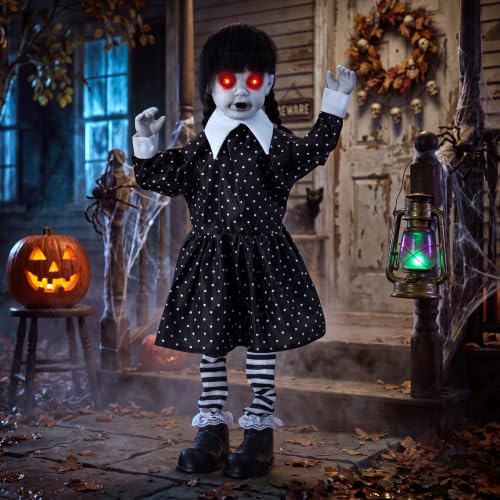 JOYIN Halloween Animatronic School Girl in Black Dress Decoration Outdoor, Sound Activated Spooky Ghost Doll Prop with Glowing LED Eyes, Creepy Sounds, Scary Haunted House Props for Yard Lawn