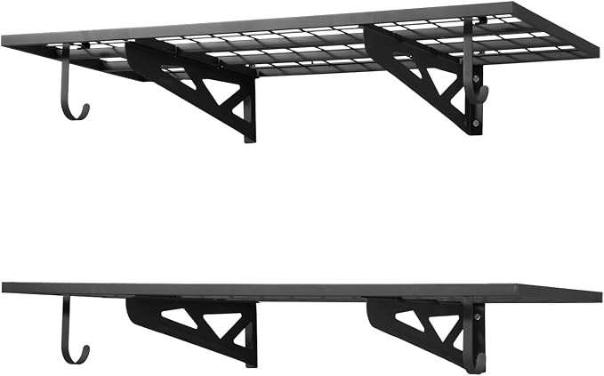 VEVOR 2-Pack Heavy Duty Garage Wall Shelving, 2 x 4 ft Steel Wall Mounted Shelving Unit with Hooks, 24 x 48 Inch Per Shelf Floating Storage Metal Rack for Garage, 500 lbs Total Weight Capacity