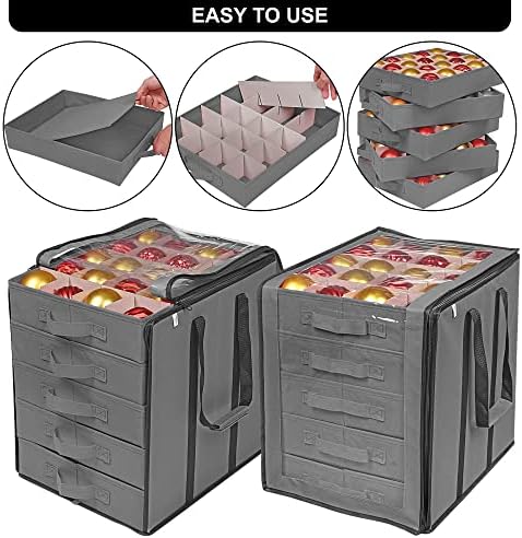 ProPik Christmas Ornament Storage Boxes with Dividers - 5 Separate Trays - Ornament Holder - Keeps 100 Holiday Ornaments - Durable Carrying Bag Handles Organizer Storage Box (Gray)