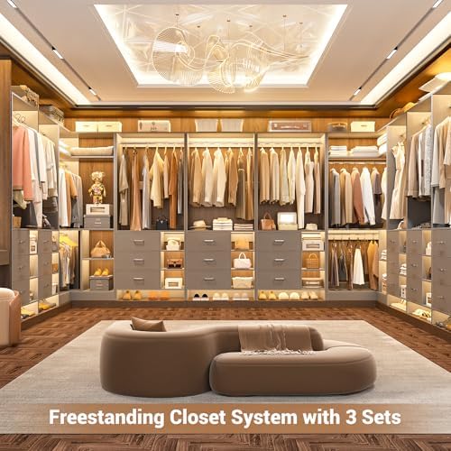 Aheaplus Closet System with 6 Drawers, 4 Hanging Rods & Corner Tower, Corner Closet System with Hanging,92.6" L-Shaped Walk-In Wardrobe Organizer, 2000+ lbs Capacity, Set of 3, Grey