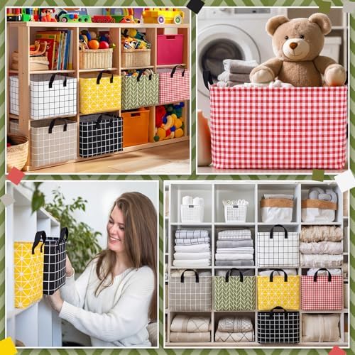 CHENGU 6 Pack Storage Baskets with Handle Back to School Foldable Baskets for Shelves Classroom Plaid & Geometric Storage Bin Large Collapsible Canvas Bin for Closet Nursery Home Organization 6 Colors