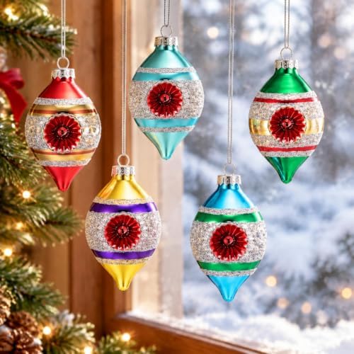 Soulchen 8pcs Retro Christmas Glass Finial Ornament with Reflector for Tree