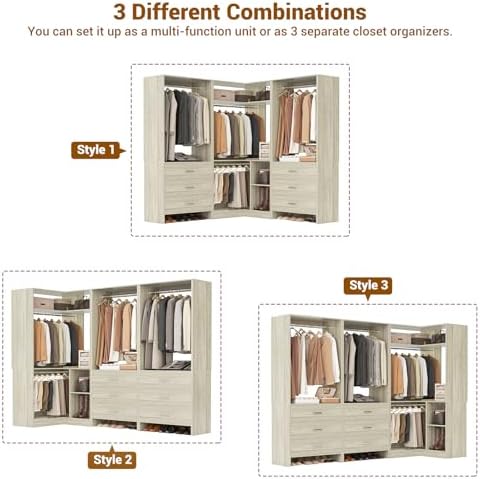 Aheaplus Closet System with 6 Drawers, 4 Hanging Rods & Corner Tower, Corner Closet System with Hanging,80.9" L-Shaped Walk-In Wardrobe Organizer, 2000+ lbs Capacity, Set of 3, White Oak