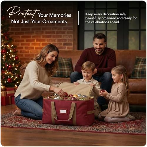 Covermates Keepsakes Adjustable Ornament Storage Bag – Heavy-Duty Polyester, Padded Dividers & FlexGrid Trays – Protective Holiday Ornament Organizer with Handles & Label Window, Red