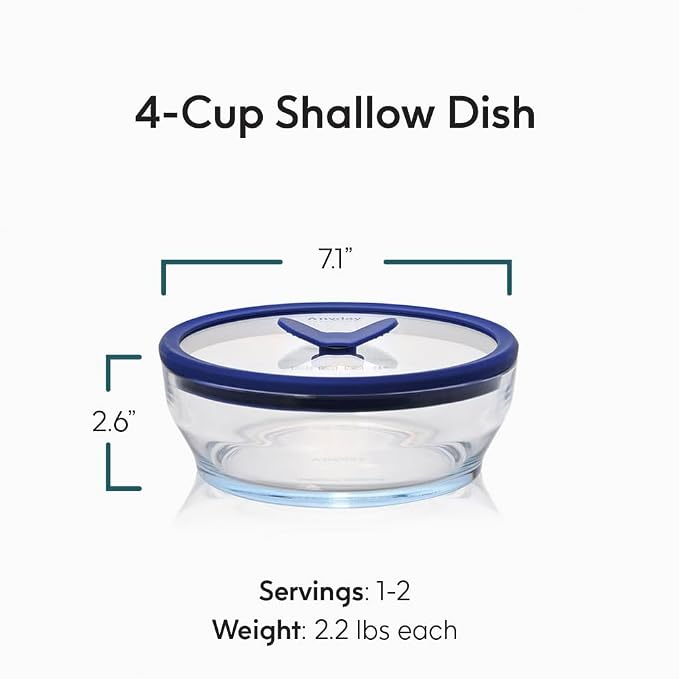 Anyday 4-Cup Glass Food Storage with Lid (Clear Blueberry) | Round Shallow Dish, Plastic-Free Meal Prep, Microwave Steamer, Stackable Airtight Container, for Microwave-Safe Reheating