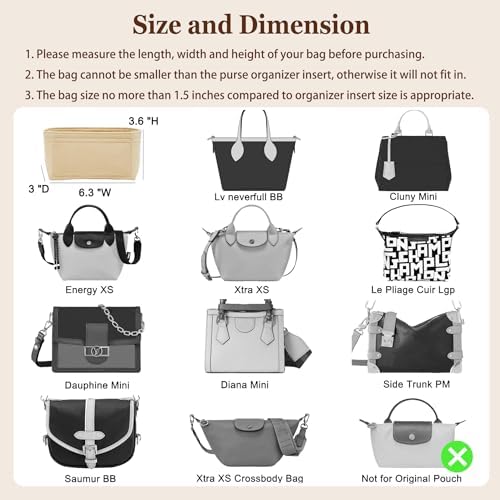 Doxo Small Purse Organizer Insert for Handbags, Felt Neverfull BB Organizer Insert,Mini Tote Bag Organizer with Zipper Pocket, Fit Neverfull BB Longchamp Xtra Energy S and More, Beige-XS