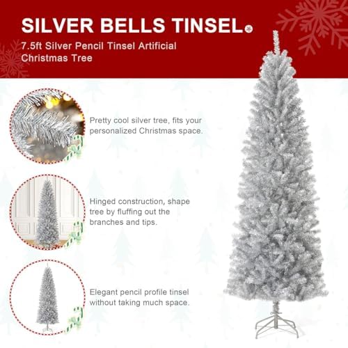 Glitzhome 7.5ft Silve Pencil Tinsel Artificial Christmas Tree, Holiday Hinged Fir Christmas Tree with 1188 Branch Tips and Metal Foldable Stand for Home Office Party Holiday Decoration