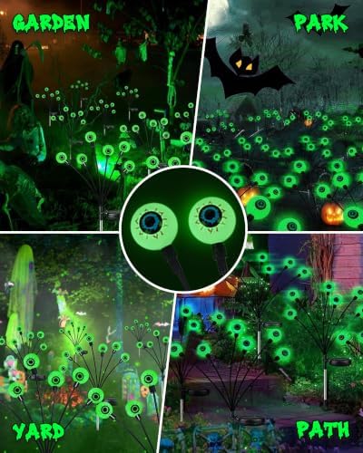 Solar Halloween Decorations Outdoor 2 Pack 12 LED Green Solar Eyeball Light
