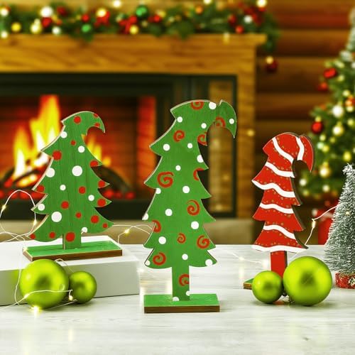Meooeck 3 Pack Whimsical Wood Christmas Tree Lime Green Tabletop, Lines