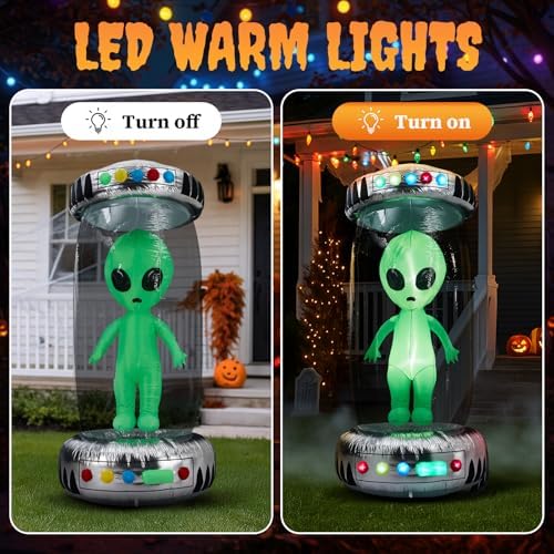 Outvita 8.2FT Halloween Inflatable Alien with UFO, Blow Up Outdoor Decoration with Rotating LEDs, Halloween Decor for Yard, Party, Garden