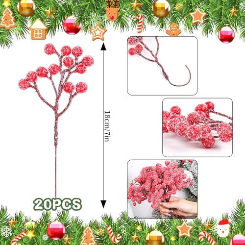 Fangoo 20 Pack 7 Inch Sprays Snow Red Berry Picks for Christmas Tree