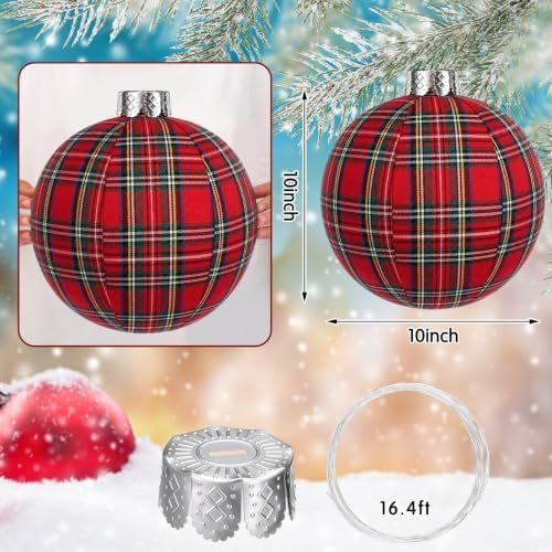 Jetec 6 Pcs 10 Inch Christmas Ball Ornaments Silver Cap, Red Tartan Plaid