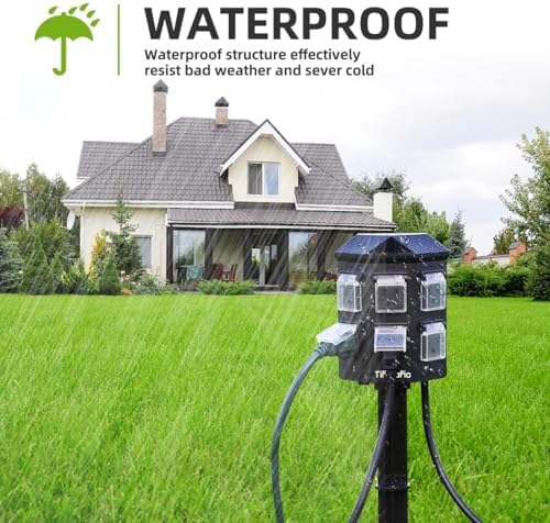 TiFFCOFiO Outdoor Power Strip Weatherproof, 15 FT Extension Cord with Stake, 6 Grounded Outlets for Christmas Yard Decorations and Inflatables, 15A/1875W, ETL Listed