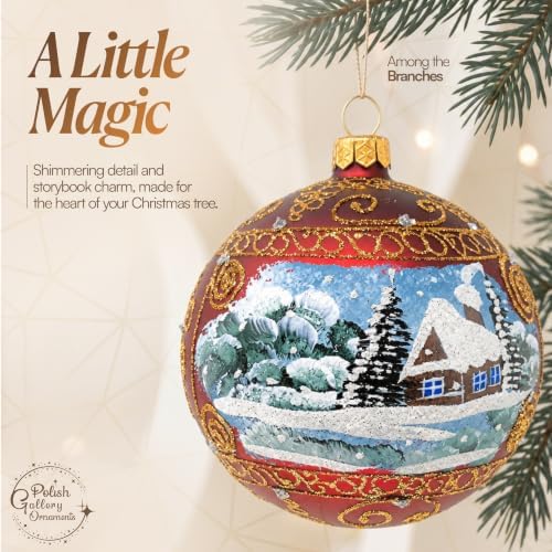 Polish Hand Blown Glass Christmas Ornaments Ball, Countryside Burgundy 5 in