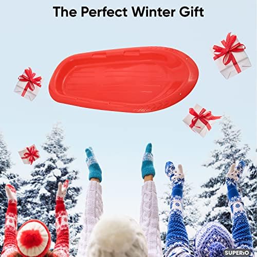 Superio Toboggan Snow Sled for Kids and Adults, Heavy Duty Plastic Slider with Handles and Hole for Pull Ropes- Kid and Adult Winter Fun