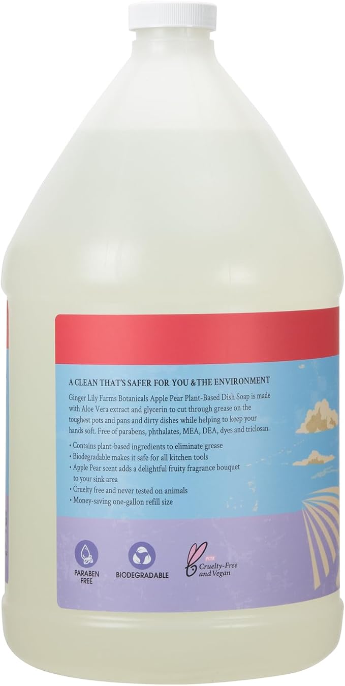 Ginger Lily Farms Botanicals Plant-Based Liquid Dish Soap, Concentrated Formula with Max Grease Cleaning Power, Cruelty-Free, Apple Pear Scent, 1 Gallon (Pack of 4)
