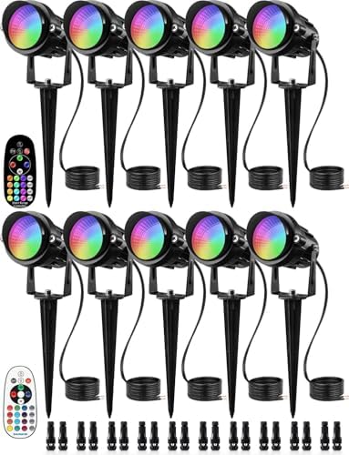 SUNVIE Low Voltage Landscape Lighting RGB Spotlight 10 Pack with Connectors