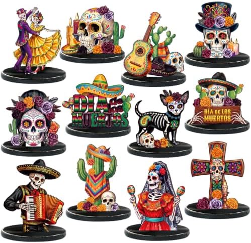 Leinuosen 12 Pcs Day of the Dead Table Decor Skull Wooden Tiered Tray Decor Dia De Muertos Centerpiece Guitar Cactus Sombreros Wooden Sign Day of the Dead Table Decorations for Home Kitchen