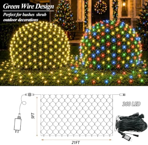 360 LED Net Lights Dual Color Changing, 21ft x 5ft Christmas Net Lights Outdoor Green Wire 11 Modes, Waterproof Connectable Mesh Lights for Bushes Garden Holiday Party (Warm White & Multicolor)