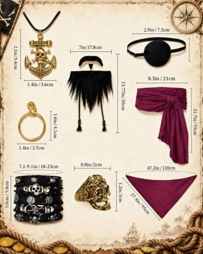 10PCS Pirate Costume for Men, Renaissance Medieval Viking Outfit for Halloween Cosplay with Shirt Pants Jewelry